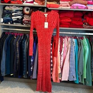 H&M red with silver threads cashmere blend size S sweater dress. NWT.